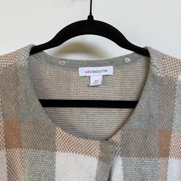 Liz Claiborne Plaid Fall Cardigan Long Soft Sweater Barncore Modest Neutral 2X - Picture 8 of 11
